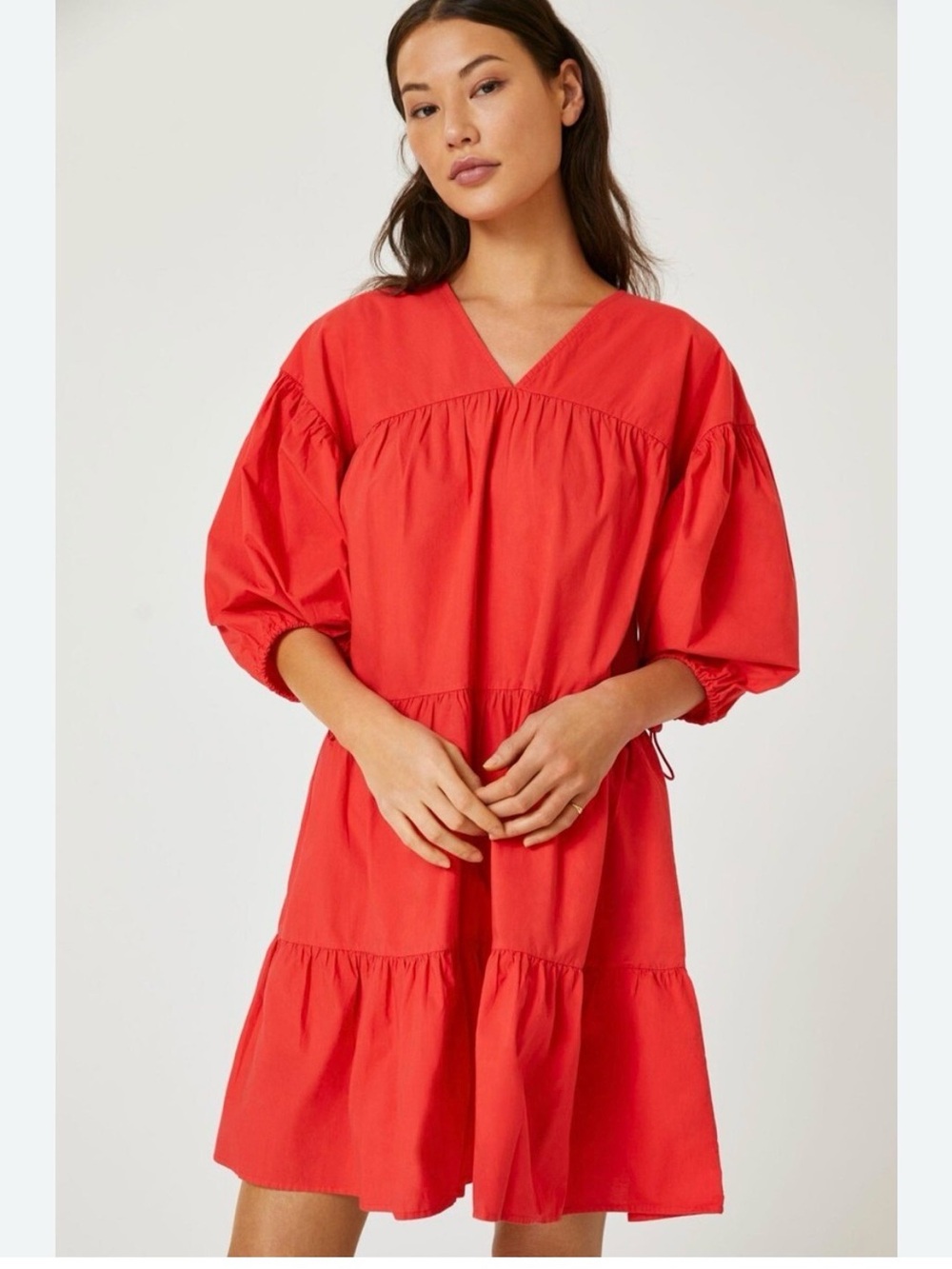 Sundry Red V-Neck Tiered Puff-Sleeve Dress